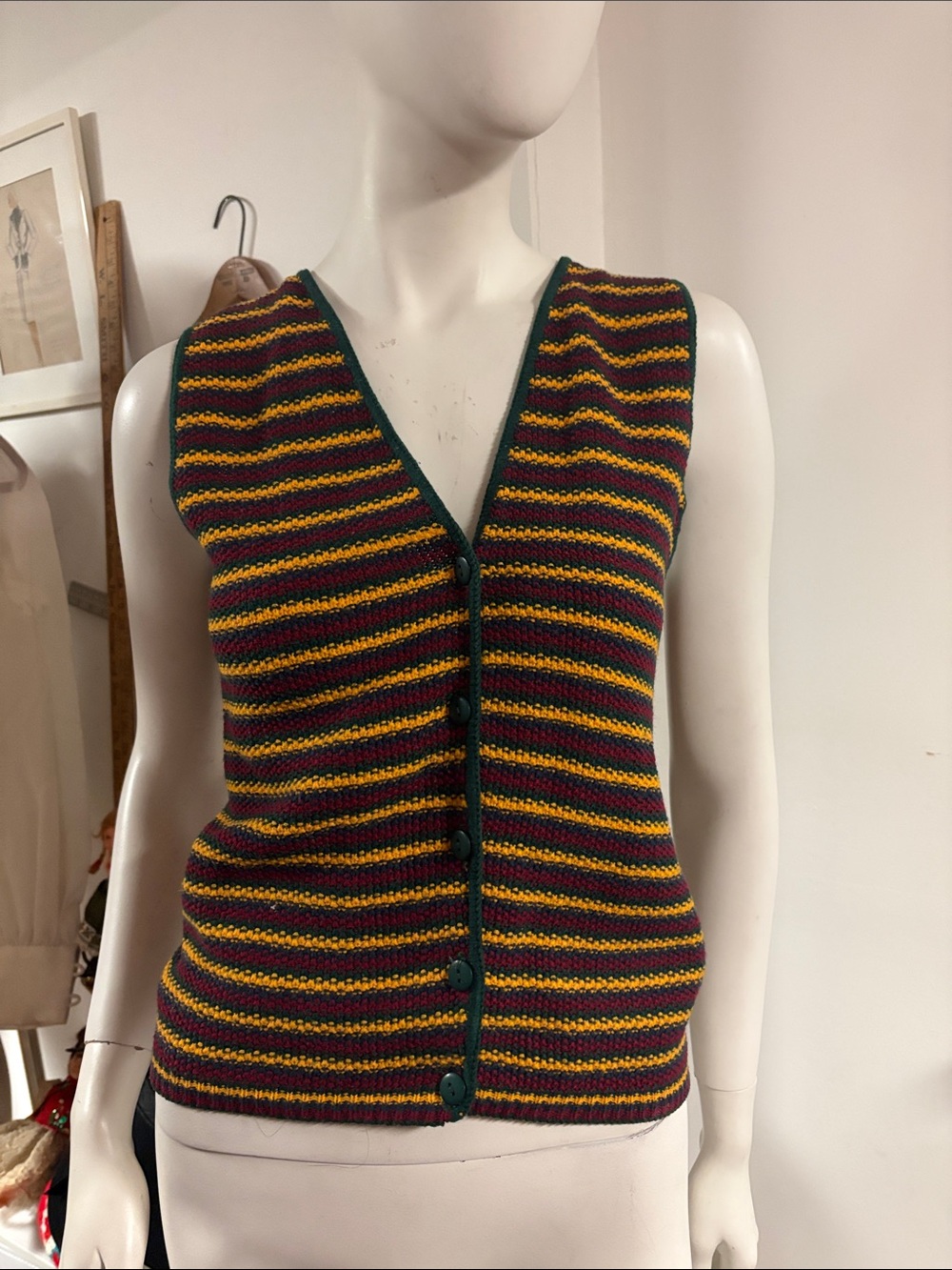 90s Striped Knit Button-Up Vest in Burgundy, Mustard & Forest Green